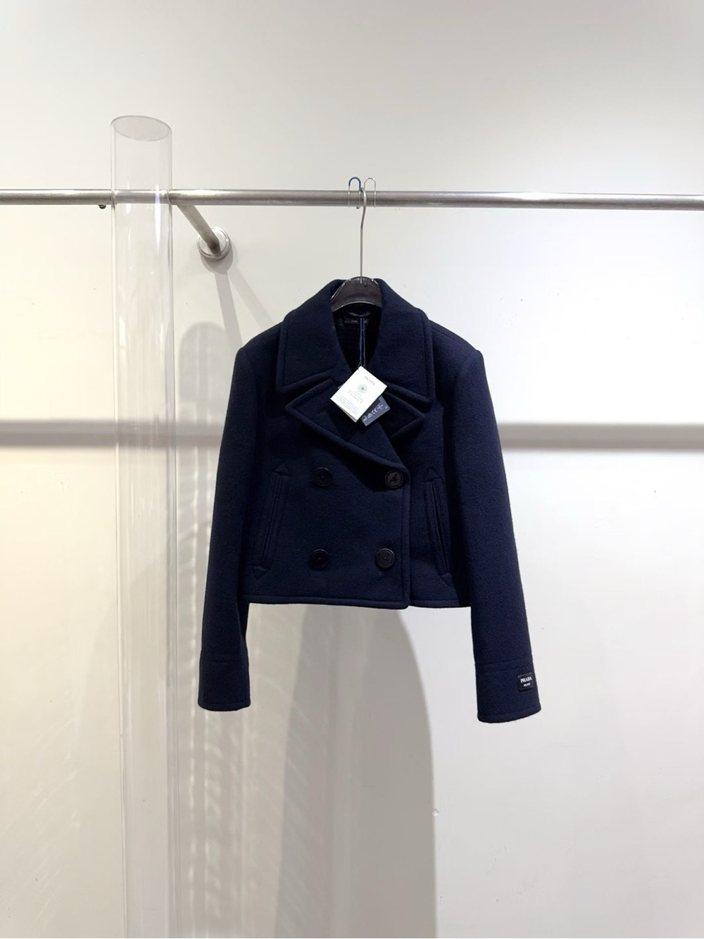 Prada Navy Cropped Double-Breasted Wool Peacoat